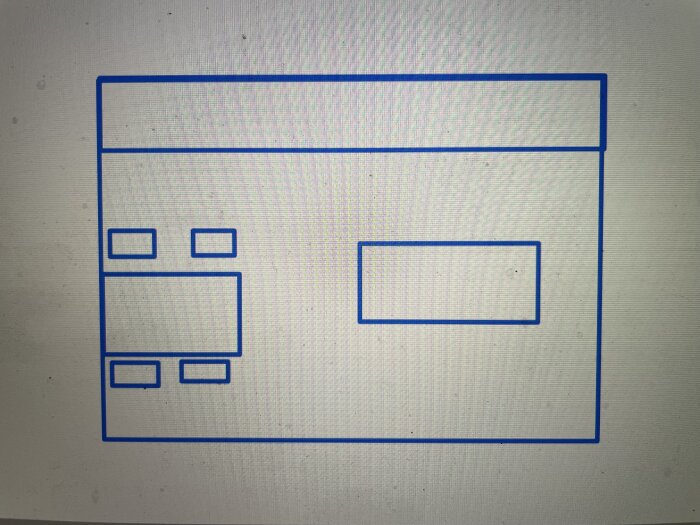 Enkel blå ritning eller symbol på vit bakgrund, rektanglar och kvadrater som kan föreställa layout eller plan.
