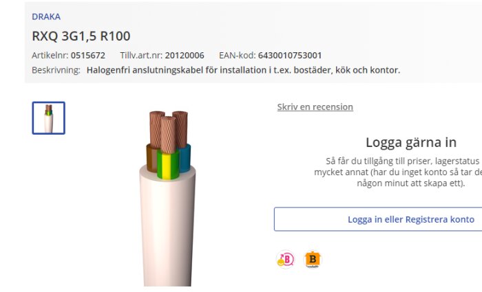 Elkabel, tre kopparkärnor, halogenfri, produktinformation, inloggning för priser och recensioner, vit bakgrund.