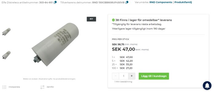 Elektronisk kondensator, produktvisning på webbplats, flera vyer, prisinformation, lagerstatus, köpknapp.