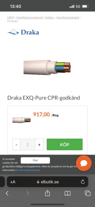 Skärmbild av en webbutik som säljer Draka installationskabel, pris 917 SEK per ring.