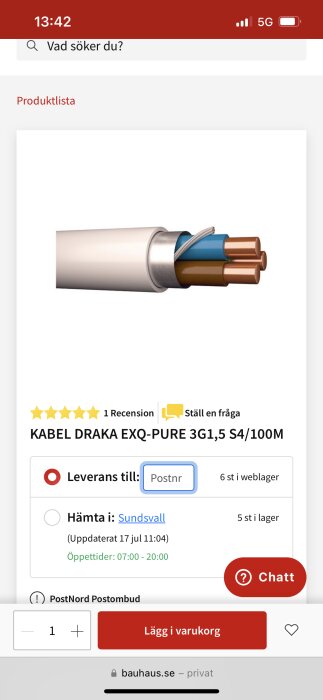 Skärmdump av en produkt på en webbutik. El-kabel, recensioner, leveransinformation, kundtjänstchatt och köpknapp synliga.