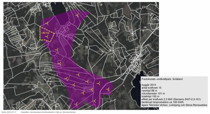 Karta som visar Fredriksdals vindkraftpark i Småland med vindturbiner, områdesmarkering, teknisk data.