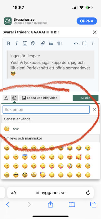 Skärmdump av forumtråd och emoji-val på mobilwebbsida.