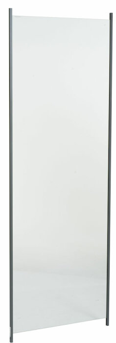 Upright rectangular glass panel with metallic edges on a white background.