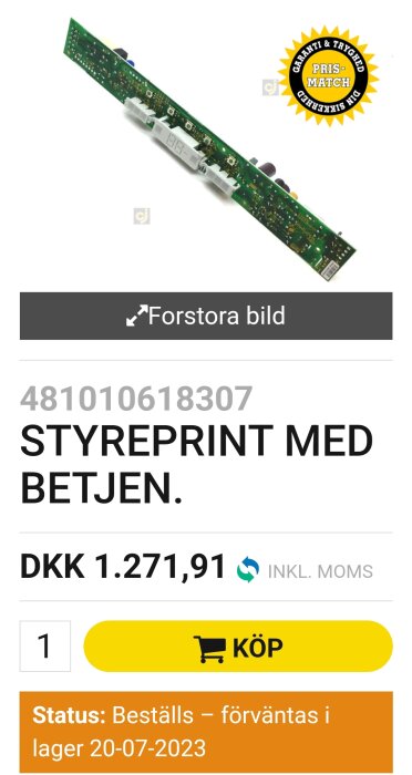 Styrelektronikprodukt, garantimärke, prisinformation, köpknapp, dansk webbplats, tillgänglighetsstatus.