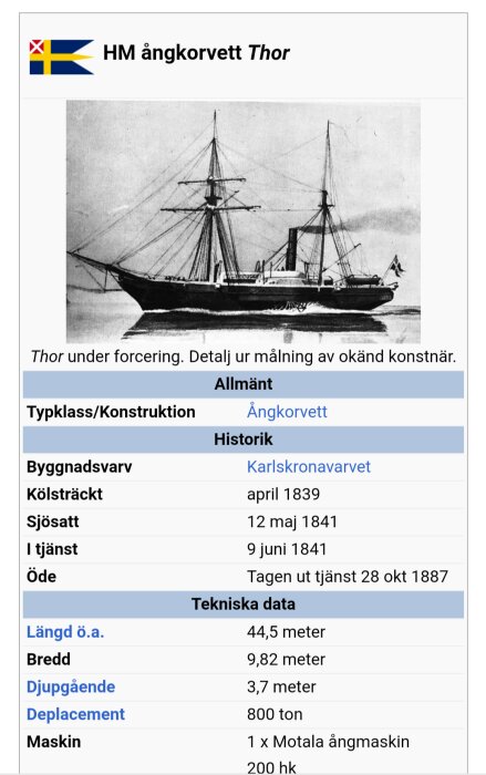 Historiskt svenskt ångfartyg "HM ångkorvett Thor", målning av okänd konstnär, tekniska specifikationer inkluderade.