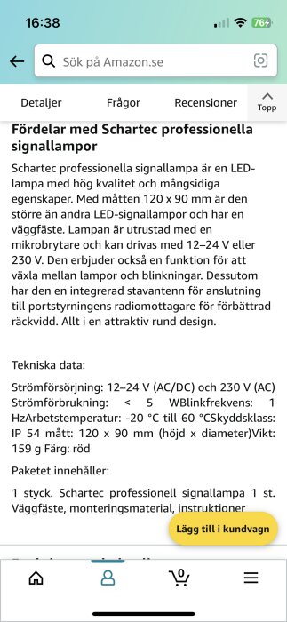 Skärmdump av en produktbeskrivning för en Schartec signallampa på Amazon.se, med tekniska specifikationer och köpknapp.