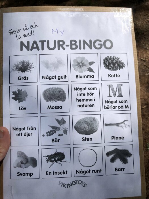 Natur-bingo-spelblad med bilder av objekt man kan hitta utomhus, som gräs och löv.