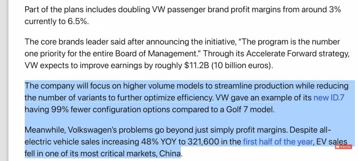 Text om VW:s strategi, produktionsfokus, ökad vinstmarginal och exempel på nya modellen ID.7.