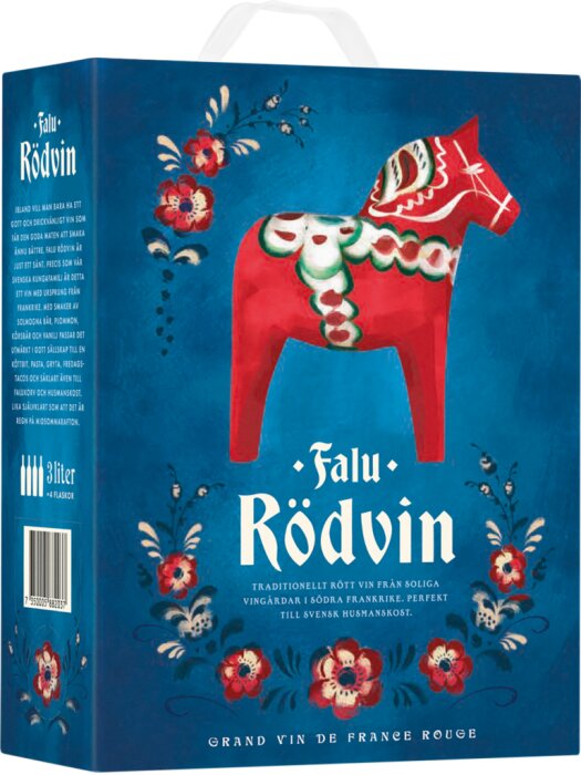 En vinlåda med motiv av en röd dalahäst, blommor, text "Falu Rödvin", traditionellt, 3 liter.