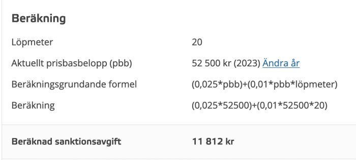 Bild på beräkningsmodell för sanktionsavgift med löpmeter, prisbasbelopp och formel; resultatet blir 11 812 kronor.