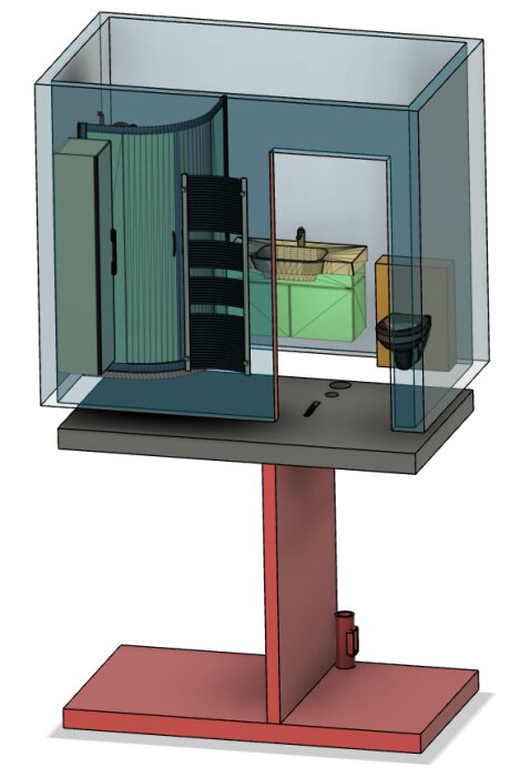 Illustration av en kompakt, modern 3D-ritad badrumsinteriör bestående av dusch, handfat och toalett.