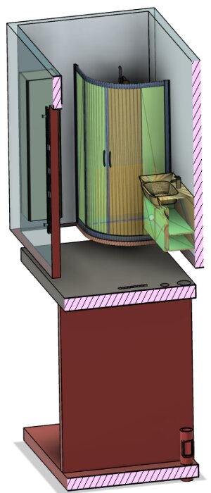 Illustration av en duschhörna med glasdörrar, duschkabin, och en öppen svängdörr.