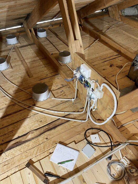 Vindsvåning med öppna kablar, elektrisk installation, verktyg, anteckningsblock, träbjälkar och isolering under tak.