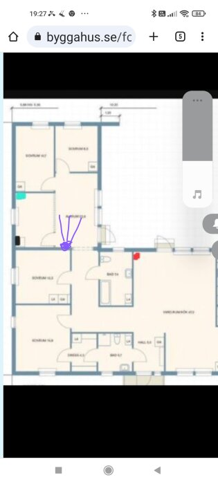 Bild på en smartphoneskärm som visar en ritning av en lägenhetsplan med markerad punkt.