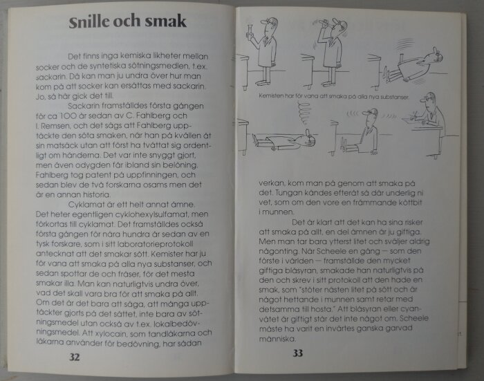 En bokuppslag med text och illustrationer av en kemist som smakar på olika ämnen; humoristiskt och pedagogiskt.