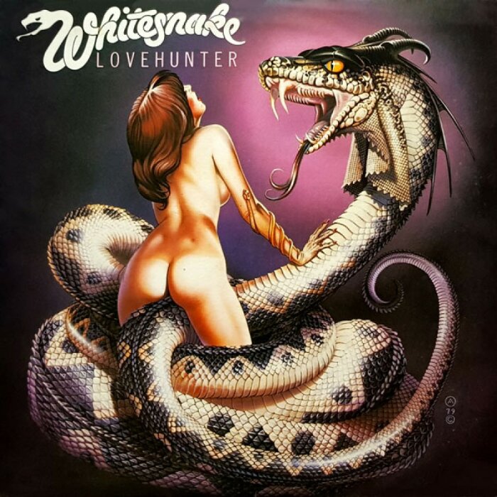 Albumomslag: "Whitesnake - Lovehunter", kvinna och ormlik drake, konstnärlig, fantastisk, suggestiv, retro-rockestetik.