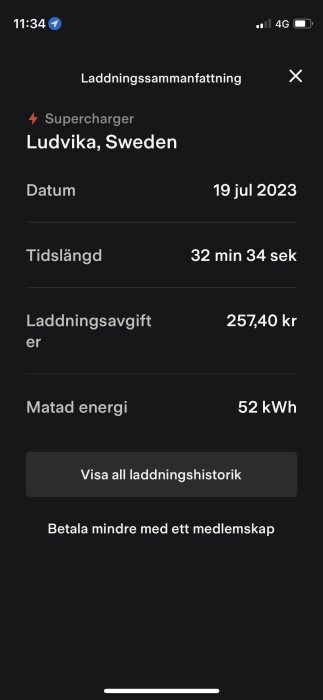 Skärmbild visar detaljerad kostnad för laddning av elbil i Ludvika, Sverige den 19 juli 2023.