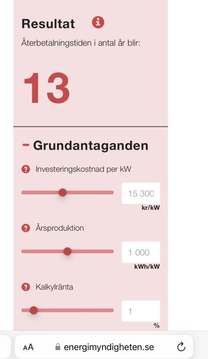 Skärmbild på svenskt verktyg för beräkning av återbetalningstid för investering, sannolikt för energirelaterad produkt.