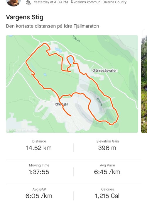 Karta över löprunda, 14.52 km, Idre Fjäll, höjdskillnad 396 m, tid 1:37:55.