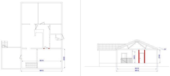 Arkitektoniska ritningar av husplan och snitt, med måttangivelser och skala.