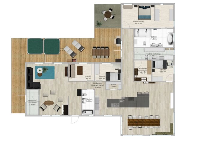 Planskiss av en lägenhet med möbler, sovrum, kök, vardagsrum och uteplats.