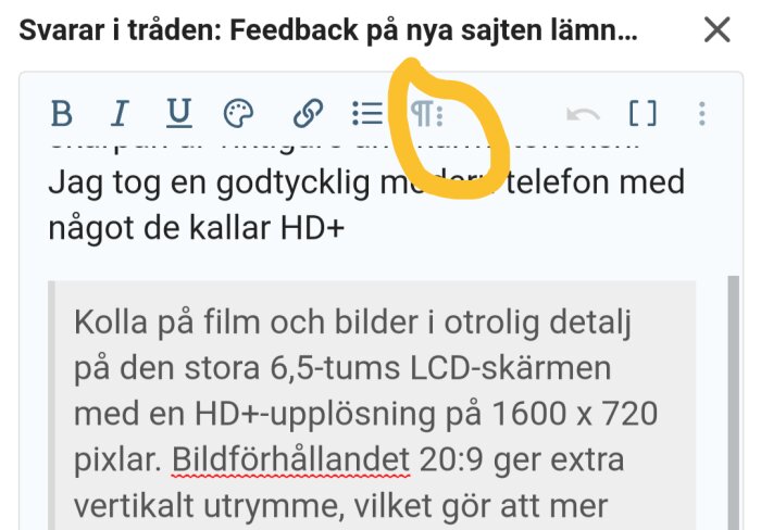 Skärmdump av redigeringsfönster med markerad ikon, text om HD+-upplösning, 6,5-tumsskärm och bildförhållande.