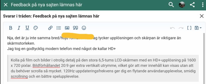 Skärmdump av onlineforumtråd där användare diskuterar telefonupplösning och användarupplevelse, med markerad text.