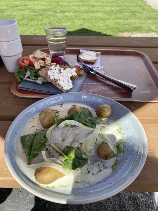 Måltid utomhus med fisk, potatis, sallad, bröd med pålägg, vatten och kaffekoppar på bricka.
