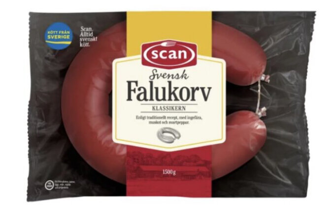 Förpackning av svensk falukorv, Scan-märke, 1500g, traditionellt recept, kött från Sverige.