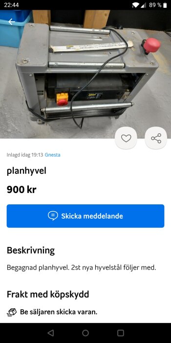 Annonsskärmdump av begagnad planhyvel med två nya hyvelstål, prissatt till 900 kronor.