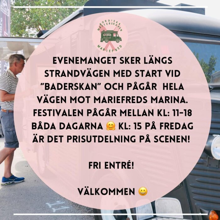 Evenemangsinformation på rosa cirkelbakgrund med suddig bild av person vid bil. Texten anger tider och gratis entré.