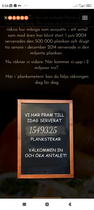 Skylt visar antal plankstekar serverade, 1,549,325. Inbjudan att öka antalet. Restaurang eller matställe räknar serverade rätter.
