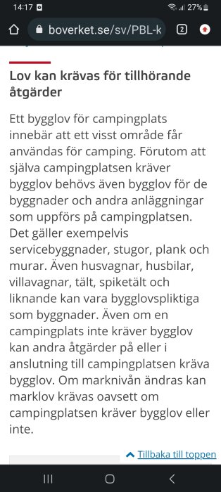 Skärmbild av webbsida, text om bygglov för campingplatser på Boverkets webbplats.