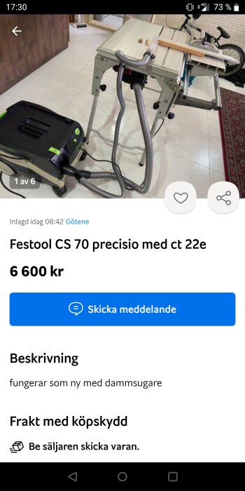 Festool CS 70 bordsåg och CT 22E dammsugare till salu, syns i inomhusmiljö.