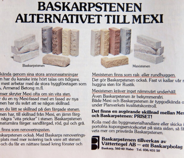 Reklam för byggmaterial, Baskarpsstenen och Mexistenen, olika stenvarianter presenteras, text om egenskaper och tillverkningsinformation.