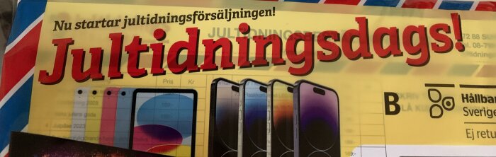 Reklam för försäljning av jultidningsprodukter med bilder på smartphones och prisinformation. Text på svenska, färgglad.