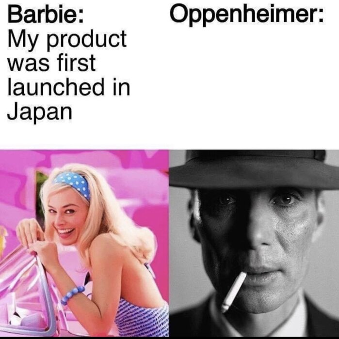 Meme med Barbie och Oppenheimer, lek med ord, första lansering i Japan, kontrasterande kontexter.