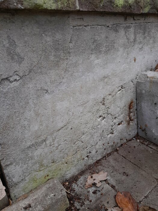 Sliten betongvägg och betonggolv, mögel, löv, behöver underhåll eller rengöring, uteplats eller trädgård.