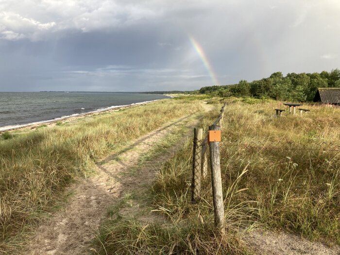 Kustlandskap med regnbåge, stig, gräs, staketstolpe och picknickbord under mulet himmel.