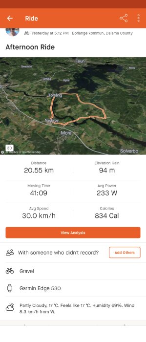 Cykeltur på 20,55 km, tid 41:09, hastighet 30,0 km/h, 834 kalorier, grusunderlag, delvis molnigt väder.