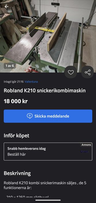 Annonsskärmdump för en Robland K210 snickerikombinationsmaskin till salu.