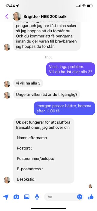 Skärmdump av en konversation, troligtvis byteshandel eller köp, innefattar förfrågan på personuppgifter och tidpunkt för möte.