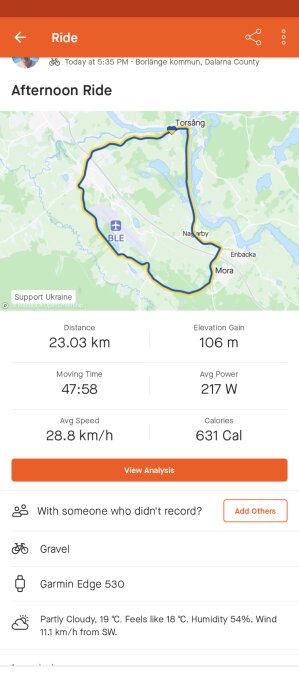 Skärmdump av cykeltur; karta, distans 23.03 km, tid 47:58 min, snitthastighet 28.8 km/h, kaloriförbränning 631 Cal.