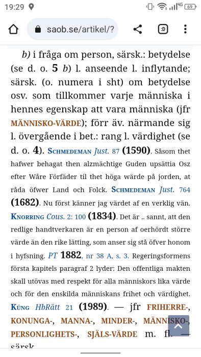 En skärmdump av en text från SAOB, vilket är en svensk ordbok.
