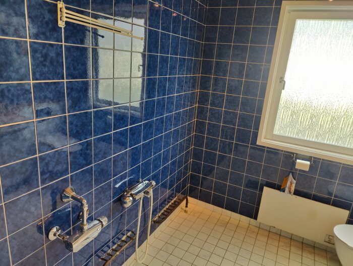 Blå kaklad badrum med dusch, frostad fönster, vitt kakelgolv, toalettpappershållare och toalett.