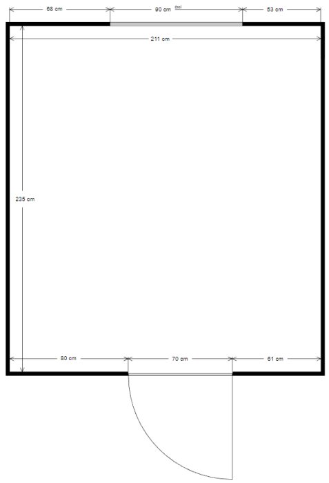 Teknisk ritning av möbler eller interiördel, mått specificerade, svartvit, 2D-utsikt, linjediagram.