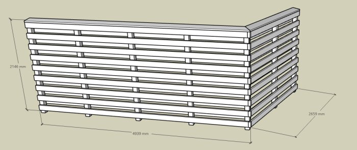 Teknisk ritning av en pallställsstruktur med dimensioner angivna i millimeter.