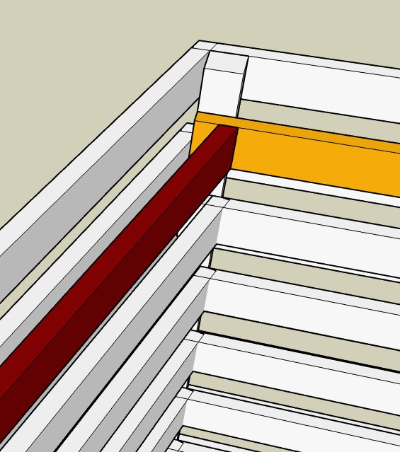 Digital illustration av en trappa med röda detaljer, minimalistisk stil och geometrisk design.