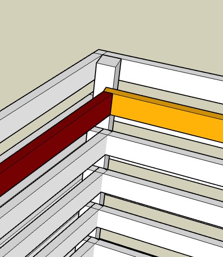 Abstrakt illustration av geometriska former och linjer som liknar trappor eller byggnadsstruktur i rött, gult och grått.